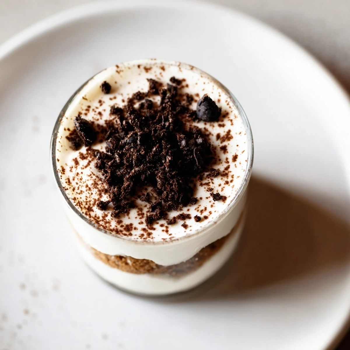 Deconstructed Tiramisu shots: Layers of creamy mascarpone and espresso-soaked biscuits, an elegant dessert in a glass.
