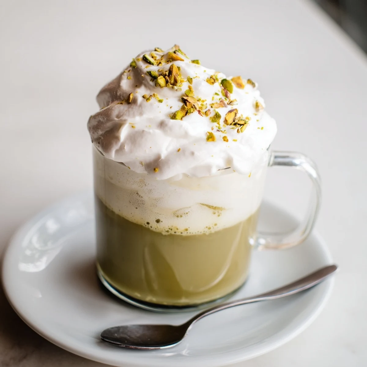 A warm mug filled with a creamy pistachio latte cloud, topped with fluffy white cold foam.