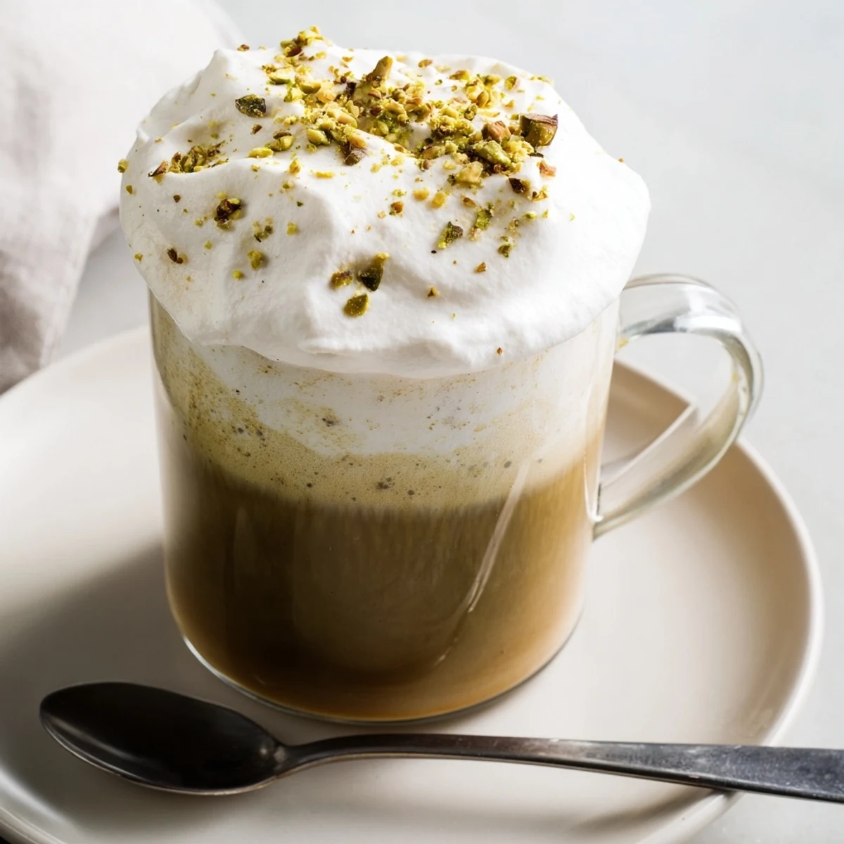 This delicious pistachio latte cloud shows a close-up of the beautiful layered coffee drink ready to enjoy.