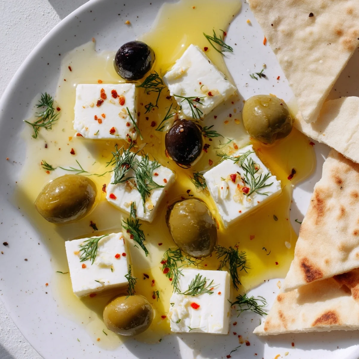 Golden, warm pita alongside a delicious Turkish Olives & Cheese Board with feta and honey.