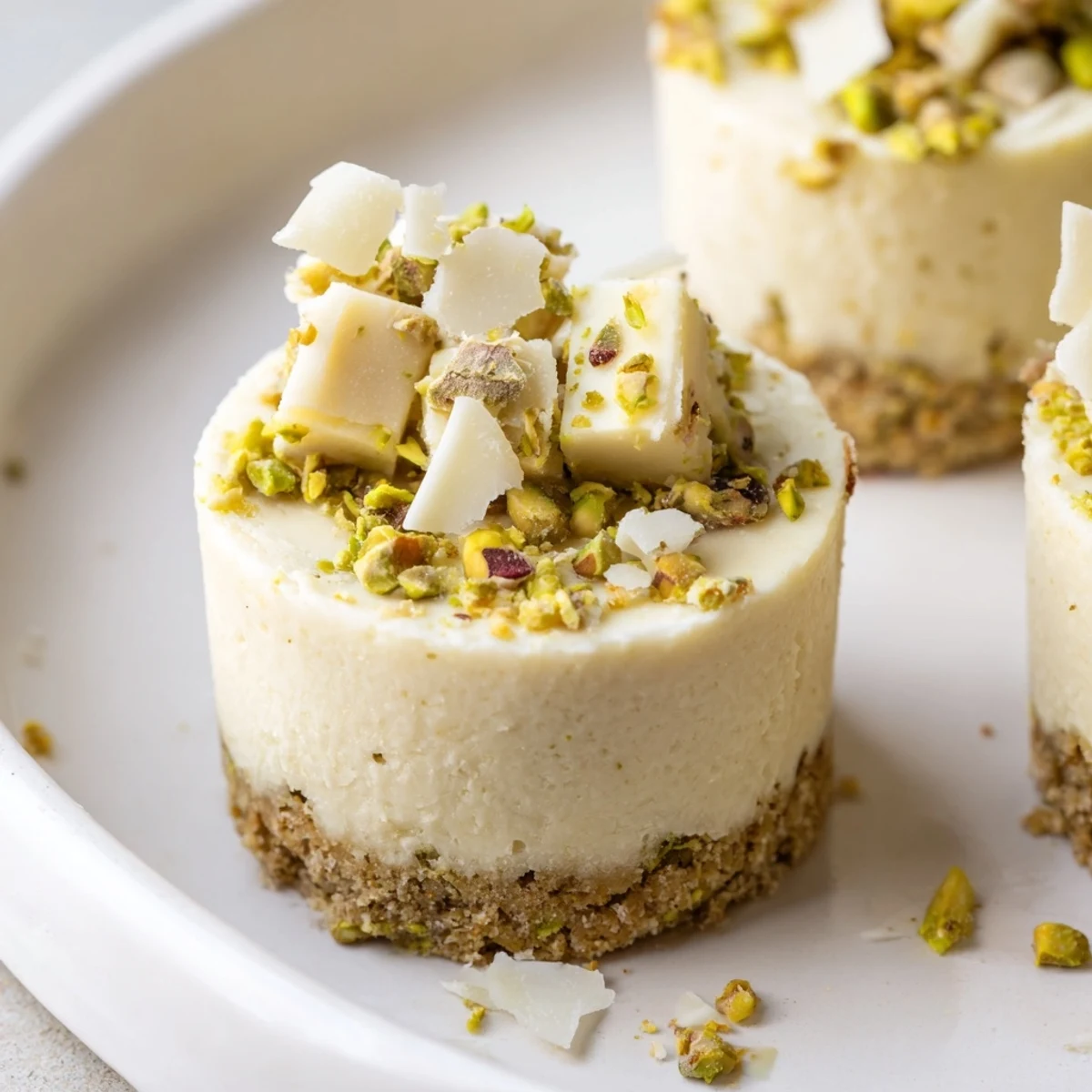 Knackige Pistachio Cheesecake Bites, angerichtet mit gehackten Pistazien und einem Klecks weißer Schokolade.