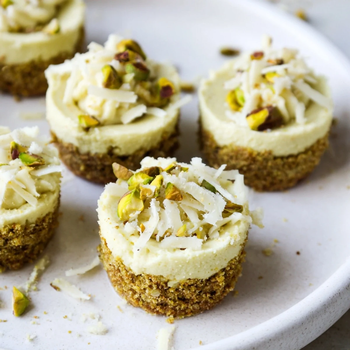 Nahaufnahme von fertigen Pistachio Cheesecake Bites, serviert für ein elegantes, süßes Dessert.