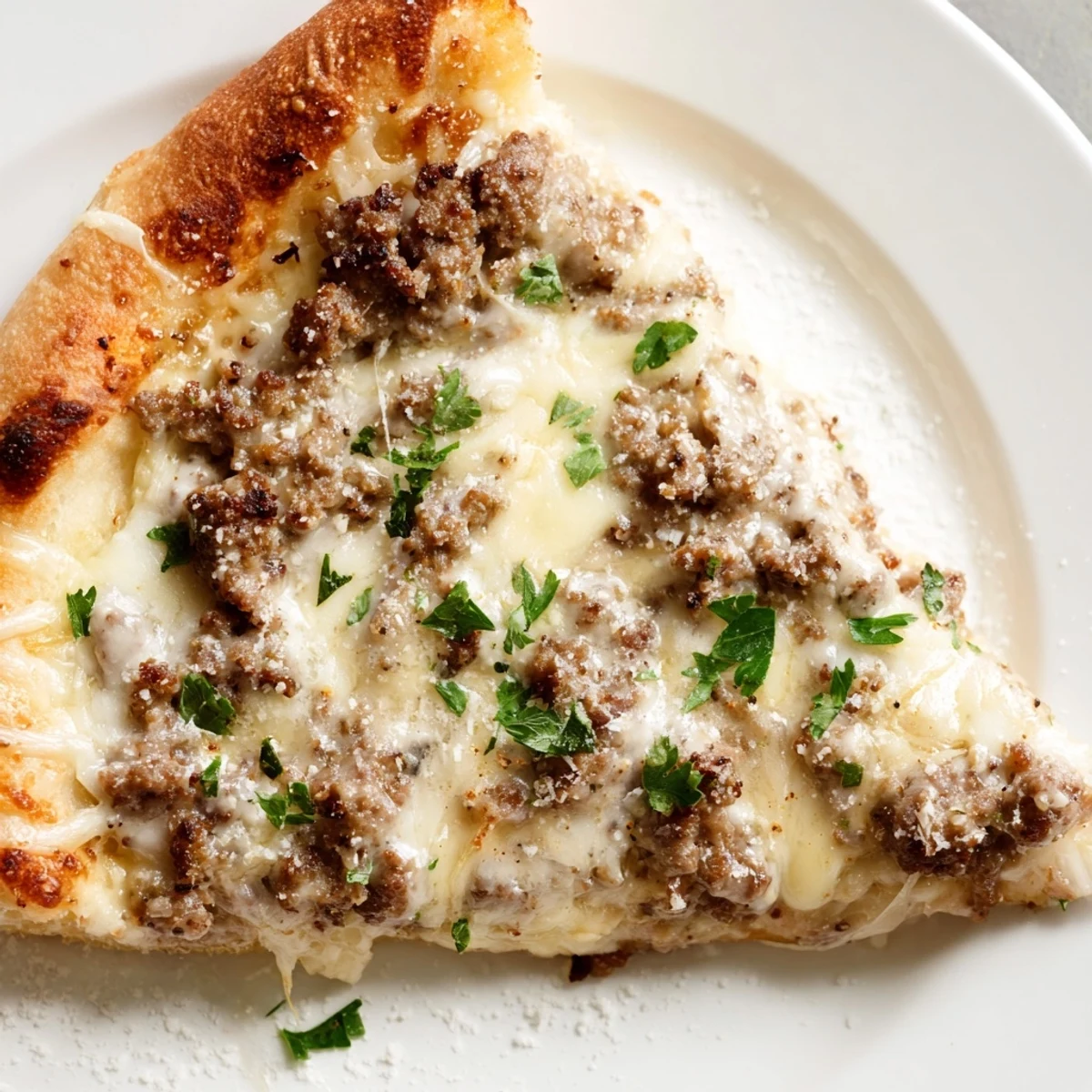 Ground Beef Alfredo Pizza, a cheesy delight with a perfectly browned crust and savory beef.