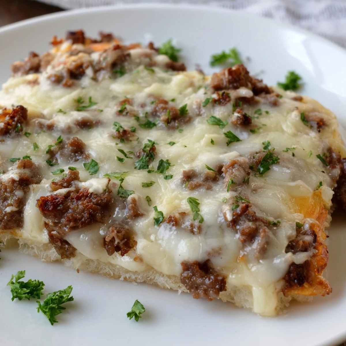 This Ground Beef Alfredo Pizza shows bubbly mozzarella over a rich Alfredo sauce and beef.