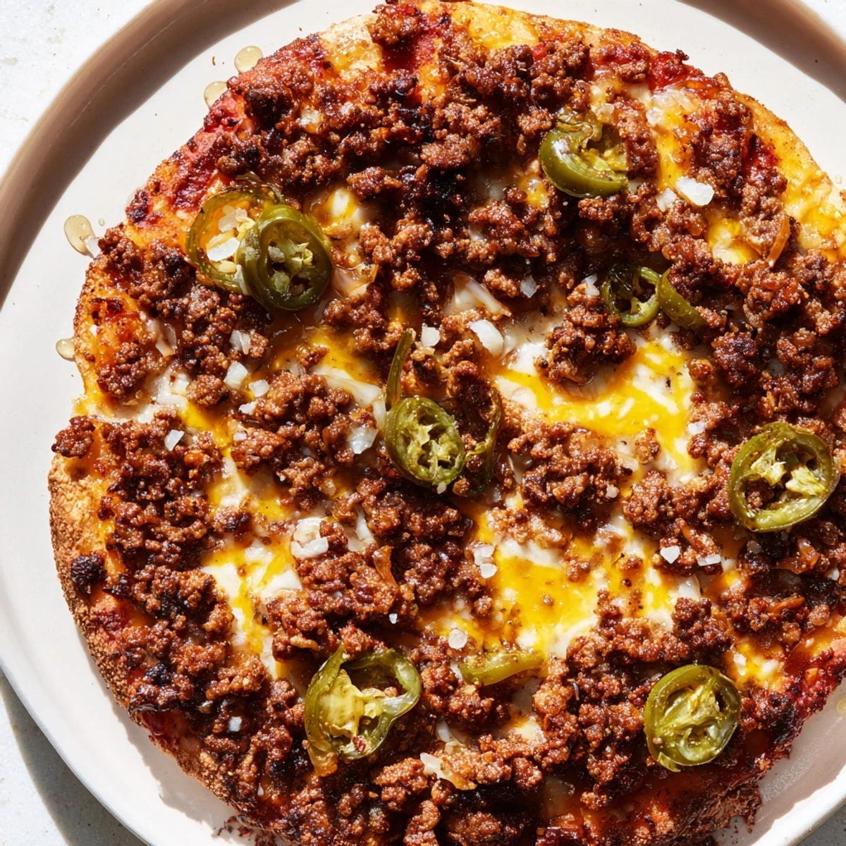 Here are the three ALT texts for the Spicy Ground Beef Pizza Base, following all the requirements: