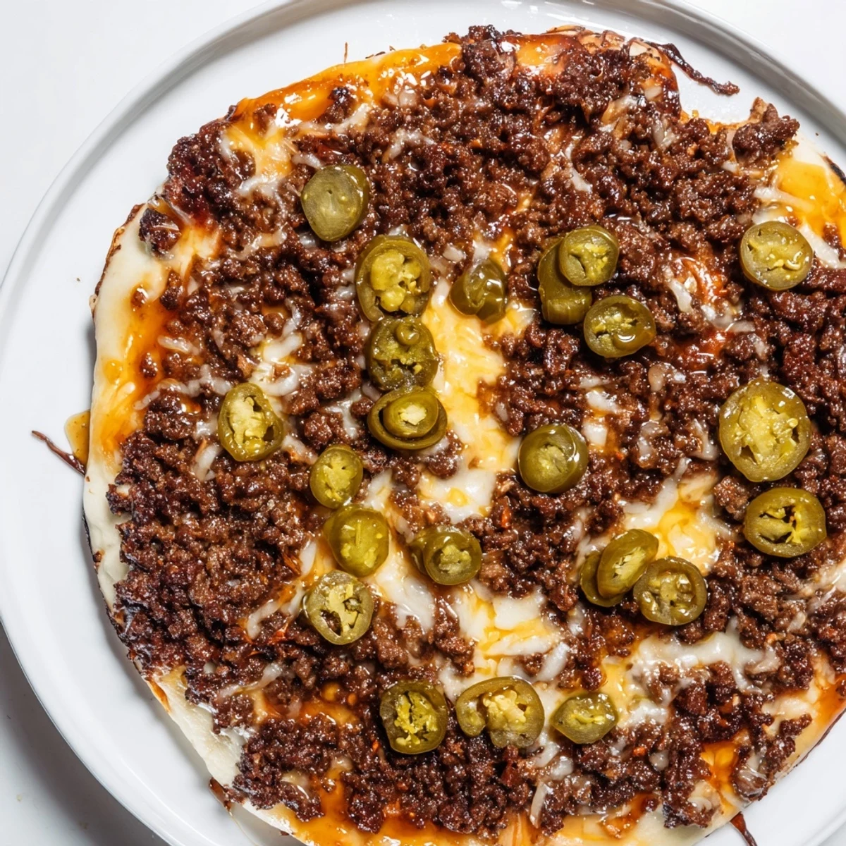 Savory Spicy Ground Beef Pizza Base, baked until golden, topped with melting cheese and hot honey.