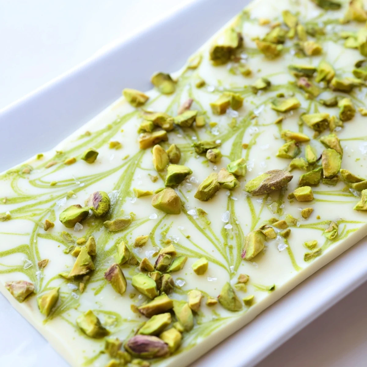 Creamy white chocolate Pistachio Matcha bark, swirled green with matcha, topped with crunchy pistachios.