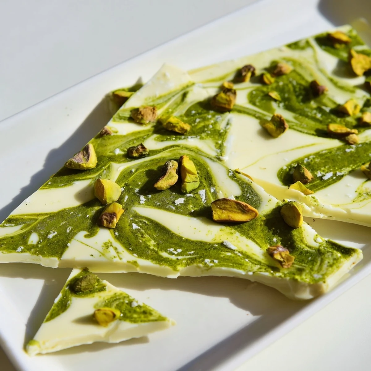 A close-up of colorful Pistachio Matcha white chocolate bark, a confectionary delight perfect for gifting.