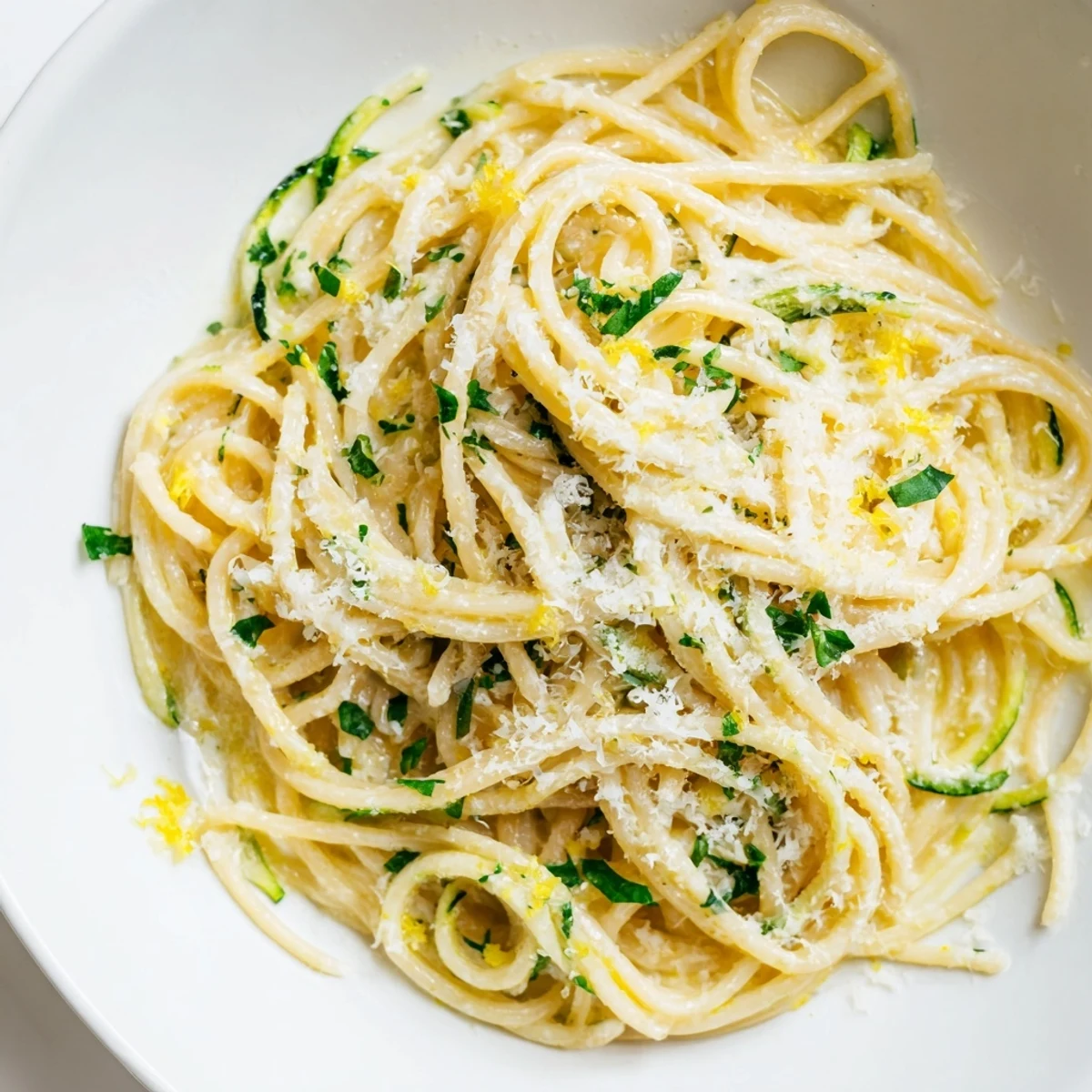 Frisch zubereitetes Lemon Zucchini Pasta, garniert mit Petersilie und Parmesan, auf einem hellen Teller.