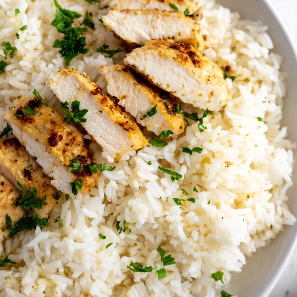 Rice topped with juicy grilled chicken, infused with rich garlic butter for a comforting meal.