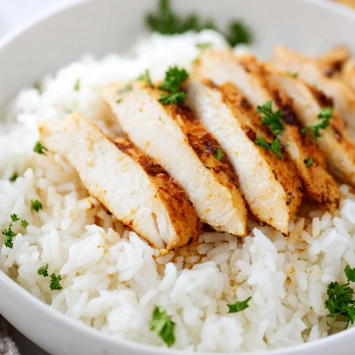 Golden garlic butter rice with tender grilled chicken, finished with fresh parsley and lemon wedges.