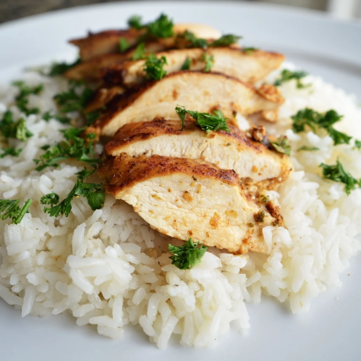 Fragrant, fluffy garlic butter rice served with sliced grilled chicken and lemon for a zesty finish.
