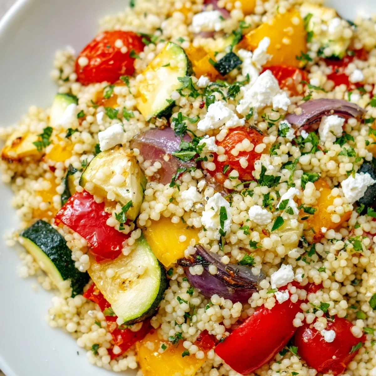 Roasted Veggie Couscous Salad mit knusprigen Tomaten, weichem Zucchini und Kräutern auf einem rustikalen Teller.