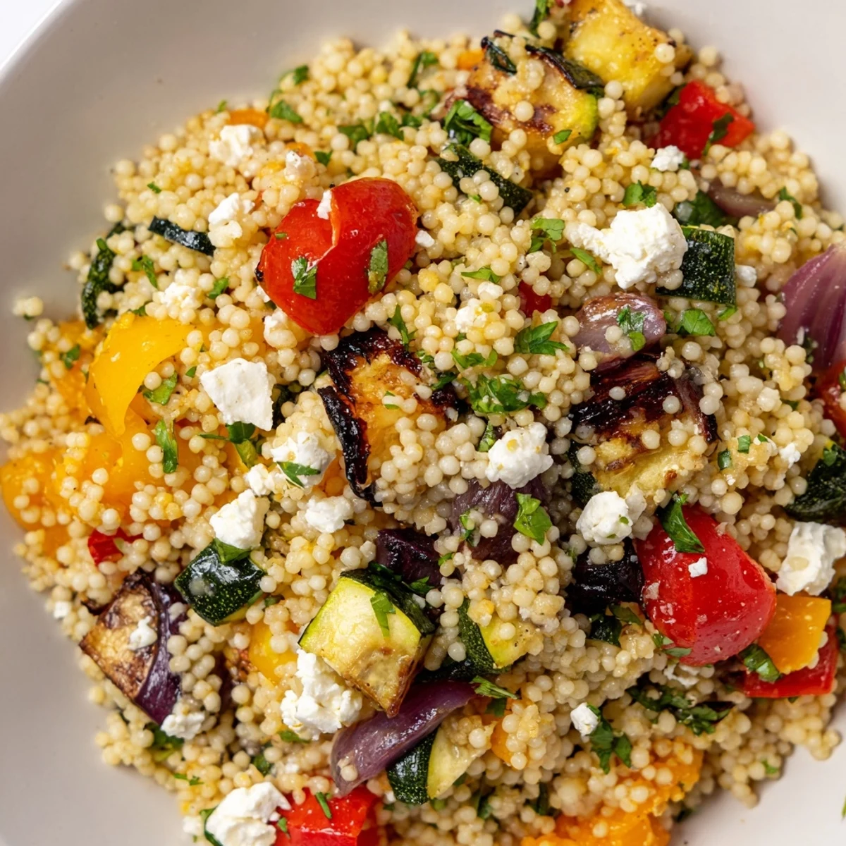 Ein bunter mediterraner Couscous mit geröstetem Gemüse und einem zitronigen Dressing, perfekt für den Mittagstisch.