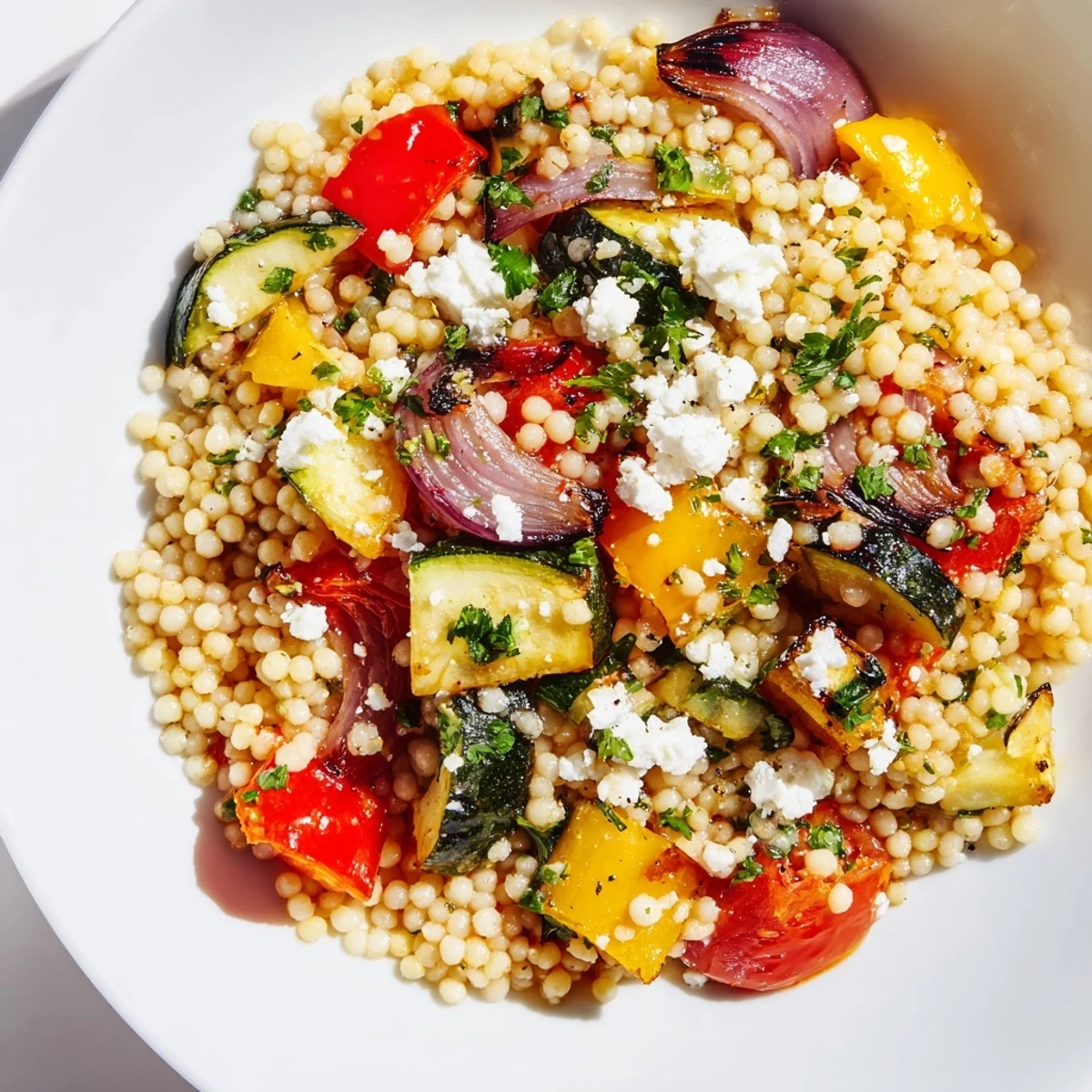 Frisch zubereitete Roasted Veggie Couscous Salad, garniert mit Feta und Kräutern für einen aromatischen Geschmack.