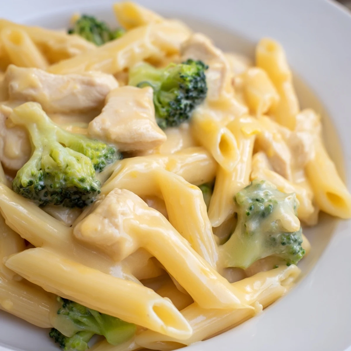 Gefüllte Schalen mit Chicken Broccoli Cheddar Pasta, garniert mit frischem Petersilienblatt und geriebenem Käse.