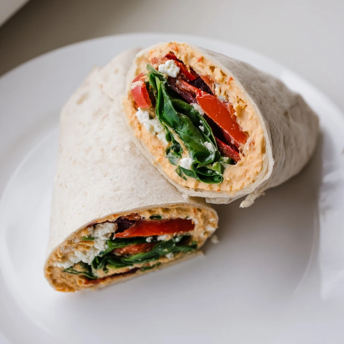 Knackige Mediterranean Veggie Wrap mit cremigem Hummus, bunten Paprika und frischer Spinat auf Holzuntergrund.