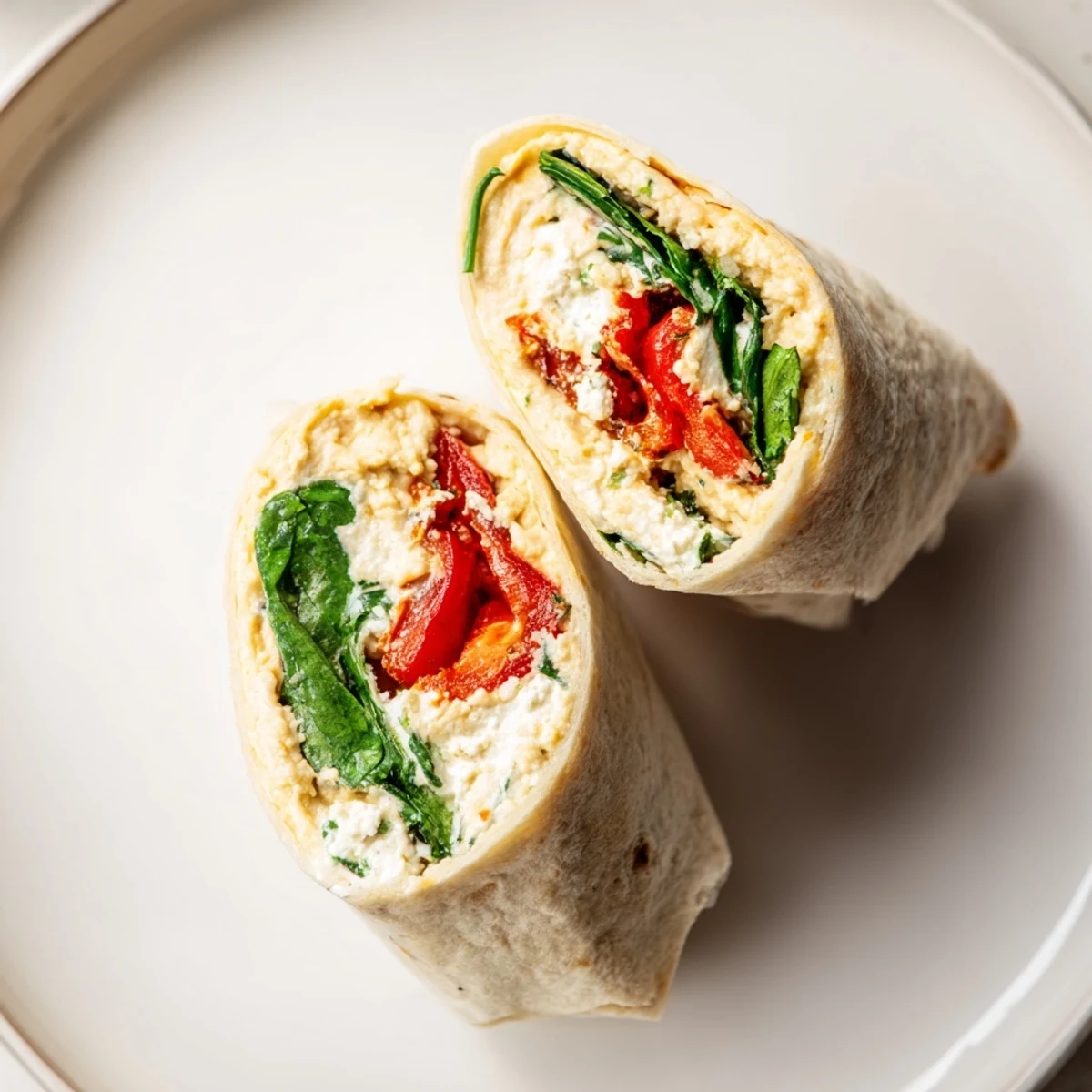 Saftige Mediterranean Veggie Wrap auf weißem Teller, belegt mit Paprika, Spinat und Kräutern für schnelle Mahlzeit.