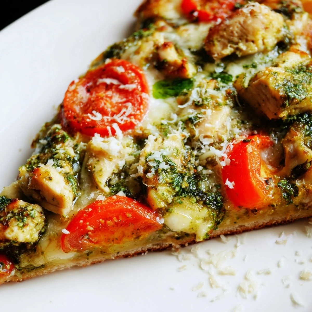 Goldener Chicken Pesto Pizza mit knusprigem Rand, Käseglanz und frischen Tomatenscheiben, appetitlich inszeniert.