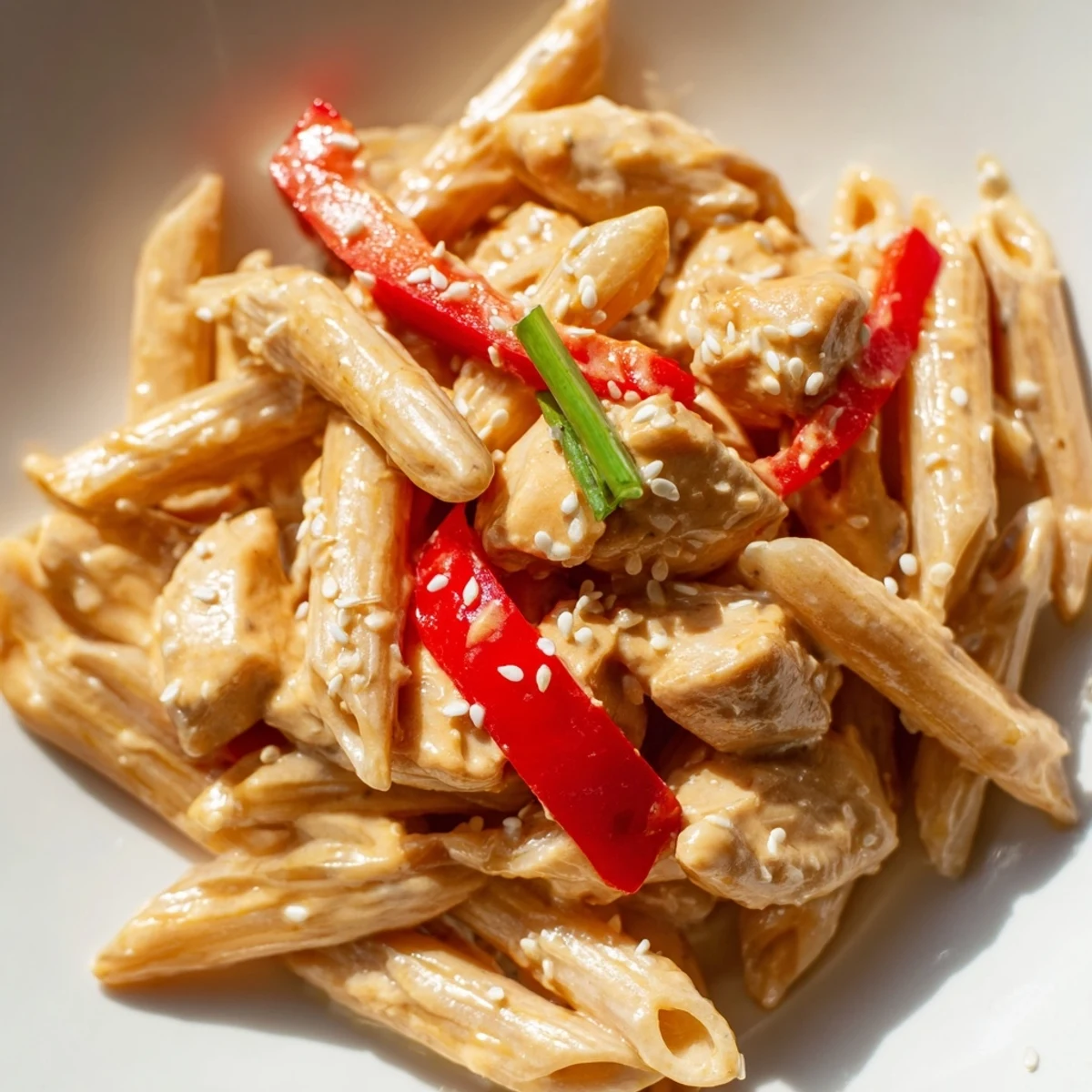 Richtig cremige Sweet Chili Chicken Pasta mit glasiertem Hähnchen, roter Paprika und Sesam auf einem hellen Teller.