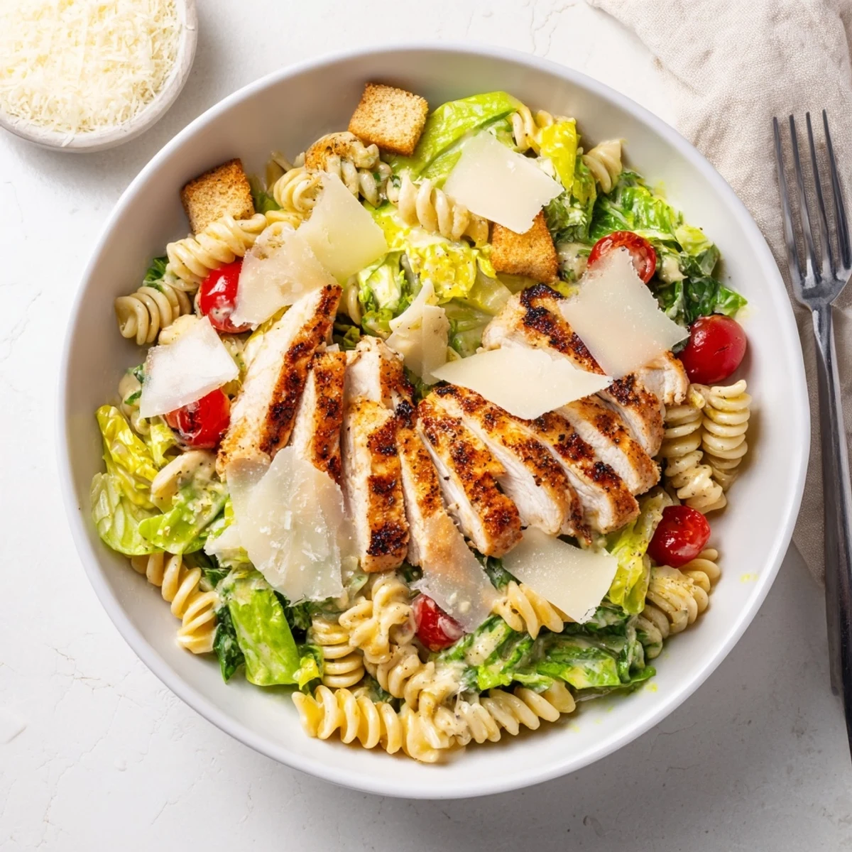 Frisch gegrillte Hähnchenbruststreifen auf einer betonten Penne-Caesar-Salad-Schüssel mit knusprigem Römersalat und Parmesanspänen.