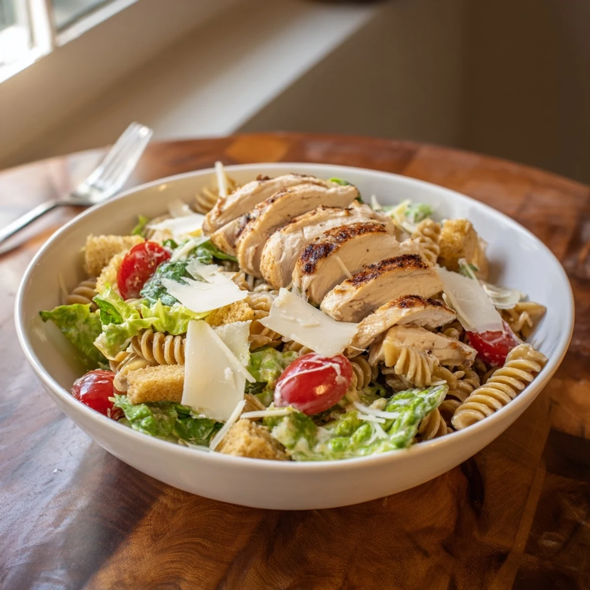 Nahaufnahme der Spicy Chicken Caesar Pasta mit cremiger Caesar-Sauce, würziger Hähnchenbrust und goldenen Knusperbrocken.