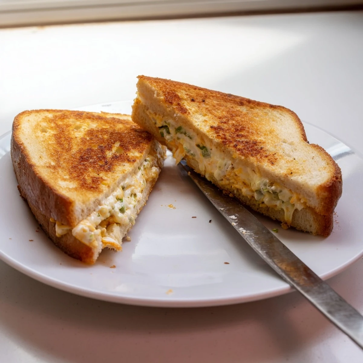 Ein gebratenes Jalapeño Popper Grilled Cheese Sandwich mit goldbrauner Kruste, geschmolzener Käse und frischen Jalapeño-Stücken, serviert auf einem hölzernen Brett.