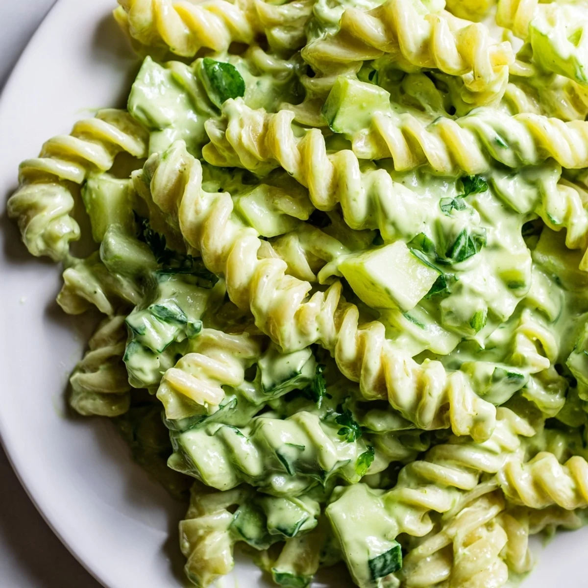 Der fertige Green Goddess Pasta Salad liegt in einer großen Schüssel, gefüllt mit grünem Spinat und Kräutern.
