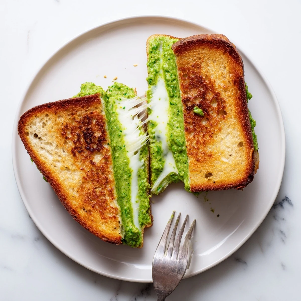Ein knusprig goldenes Spring Pea Pesto Grilled Cheese Sandwich, gefüllt mit geschmolzenem Mozzarella und frischer Erbsen-Pesto-Sauce.