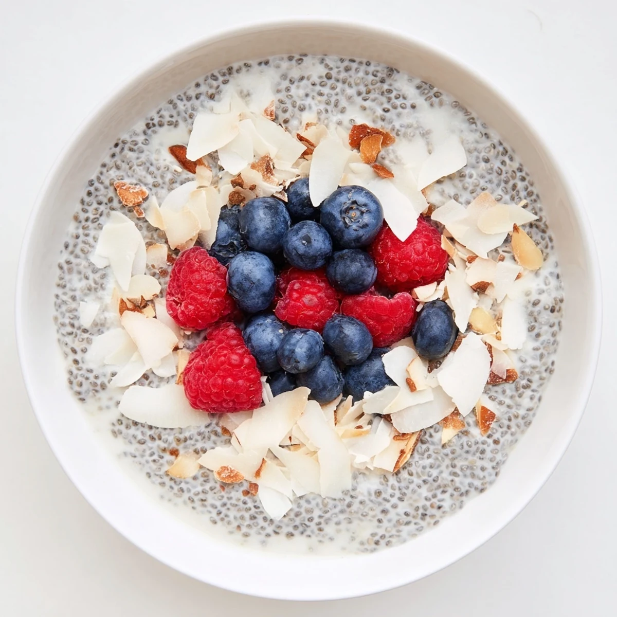 Overnight Poppy Seed Chia Pudding layered with vibrant raspberries and shredded coconut, served chilled in a glass jar.
