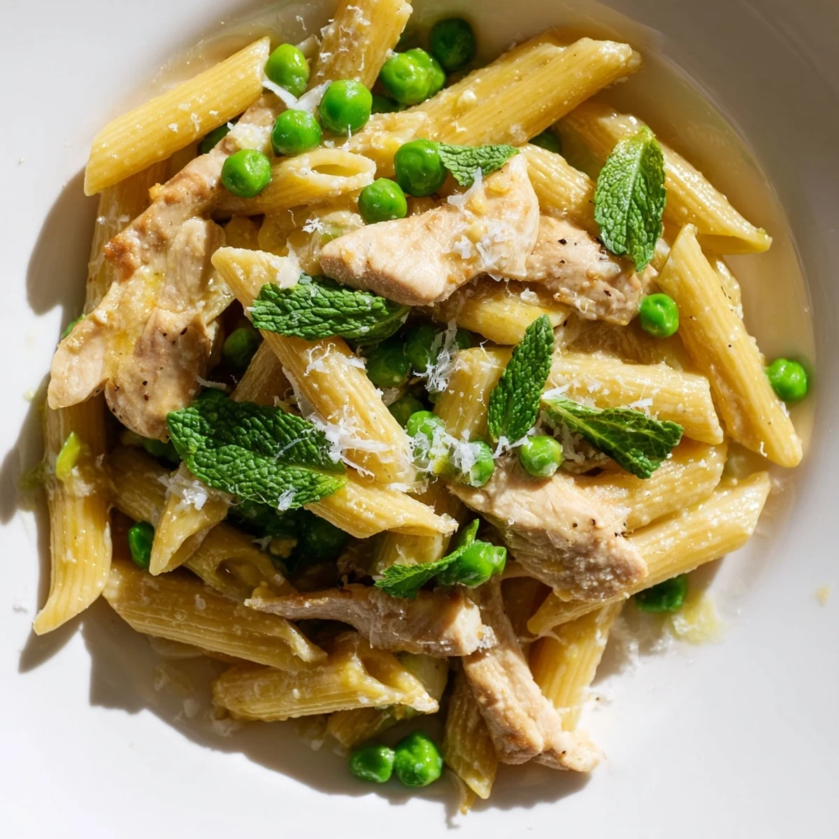Saucy Pea & Mint Chicken Pasta gart in einer Pfanne, goldene Hähnchenstücke und grüne Erbsen vermengt.
