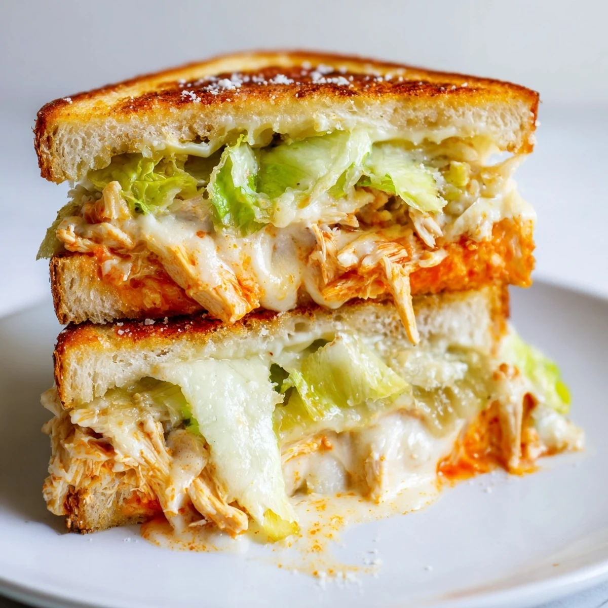 Saftiges, gewürztes Hühnchen mit cremiger Caesar-Soße und knuspriger Römersalat zwischen zähen Brotscheiben eines Buffalo Chicken Caesar Grilled Cheese.