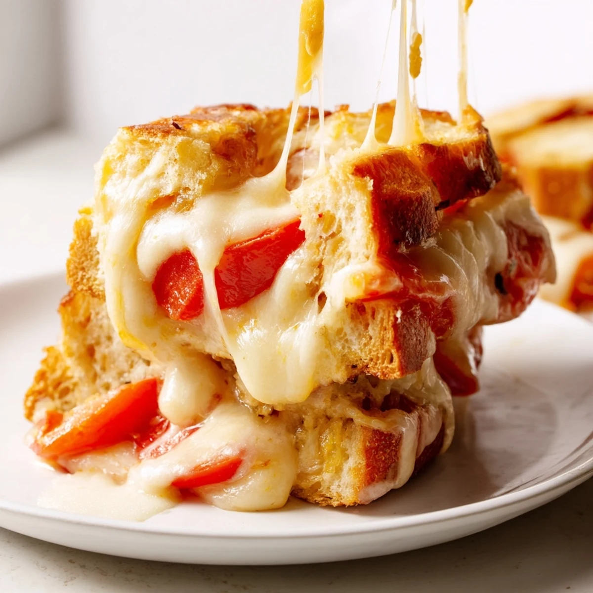 Melty Pepper Jack & Tomato Grilled Cheese, golden-brown crust with fresh tomato and spicy jalapeño bread.