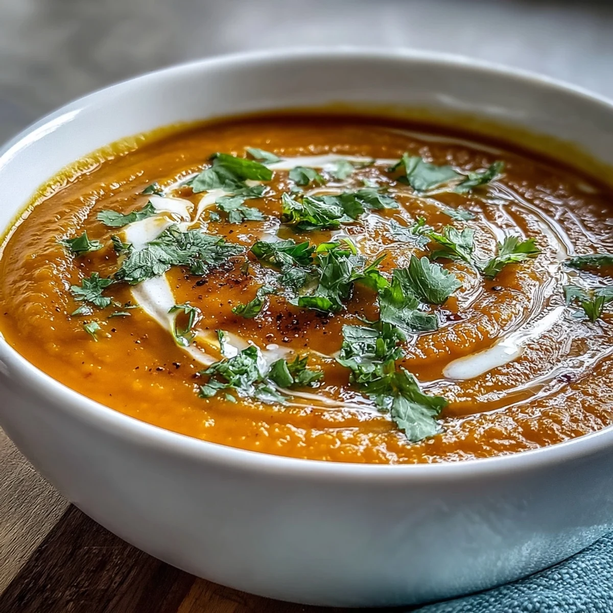Leckere Karotten-Ingwer-Suppe mit cremiger Konsistenz und frischer Garnitur.
