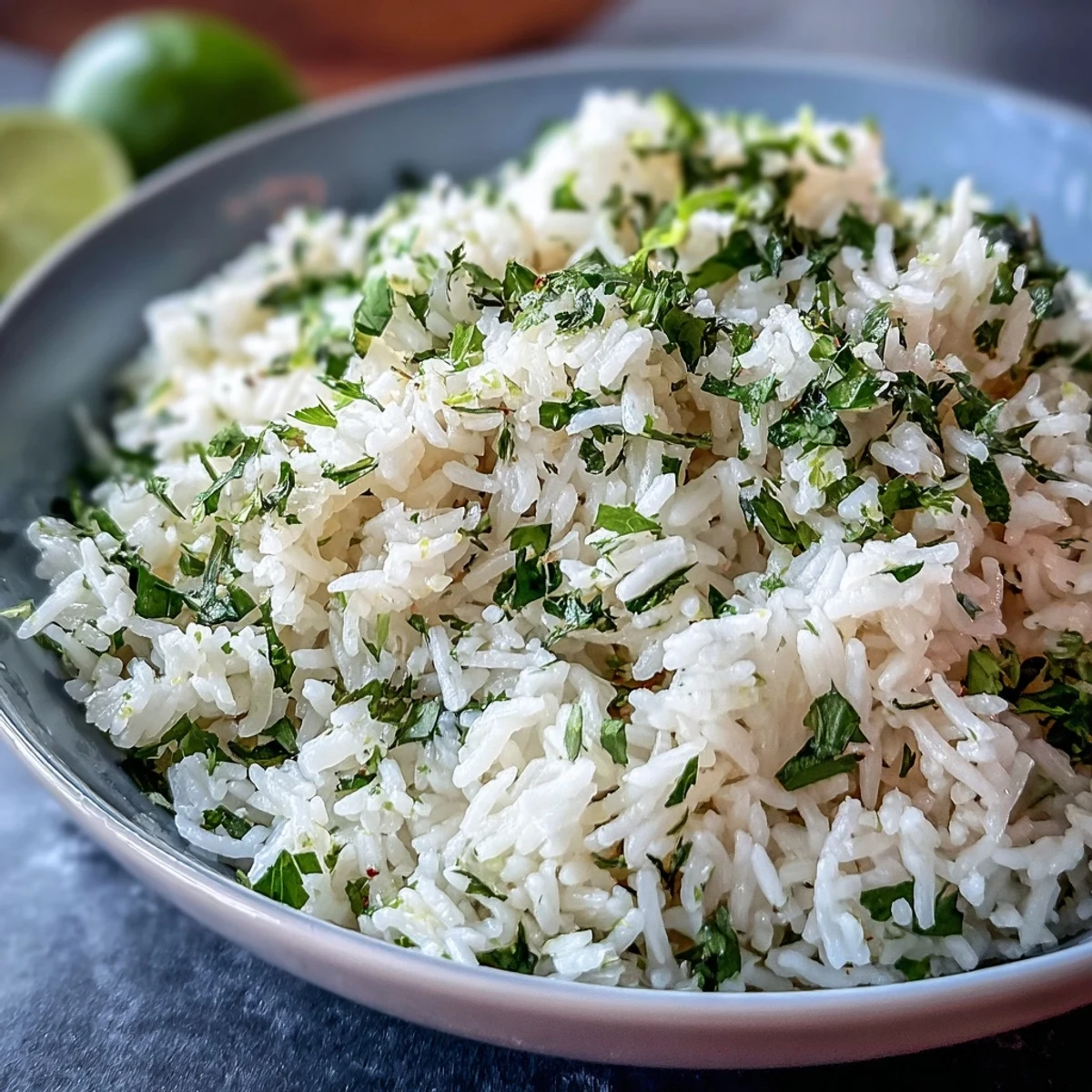 A bowl of fluffy Cilantro Lime Rice garnished with cilantro and lime zest for serving.