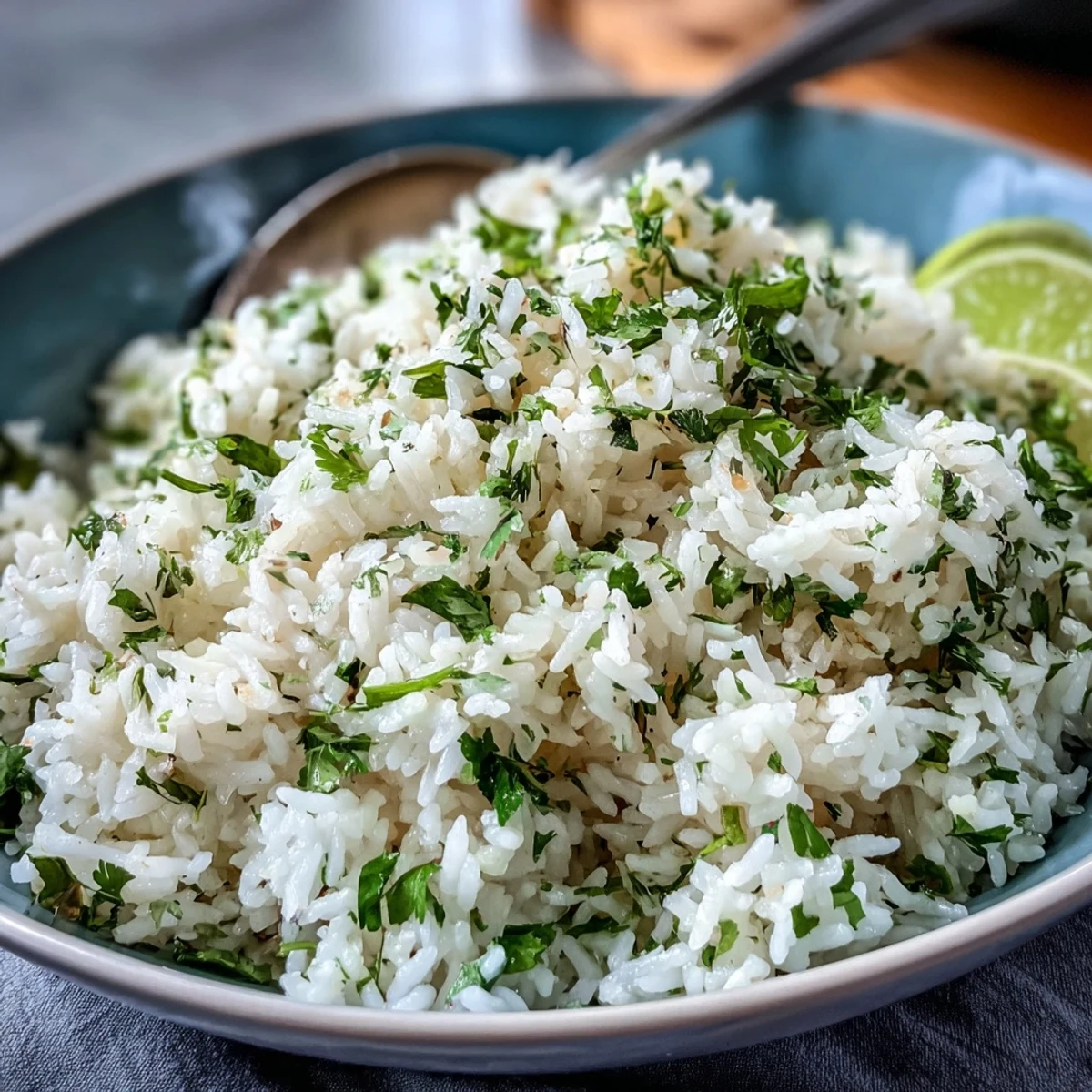 Fluffy Cilantro Lime Rice in a white bowl with lime wedges and fresh herbs.