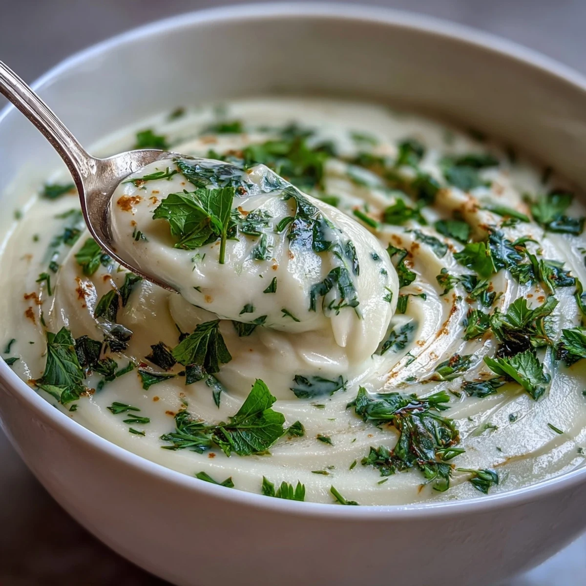 Cremige Parsnips-Kräuter-Suppe mit frischen Kräutern, serviert in einer Schüssel.