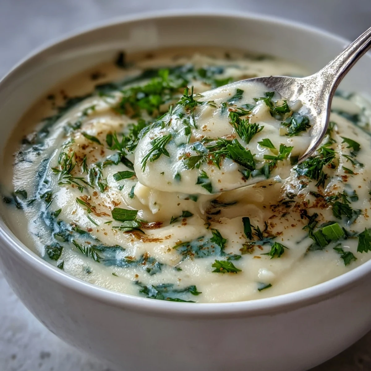 Warme, weiche Parsnips-Kräuter-Suppe, perfekt für kalte Tage, genossen mit Kräutern.