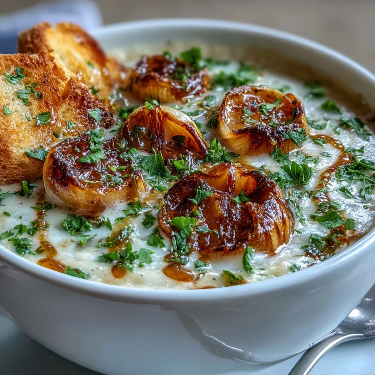 Goldene Röstknoblauch-Suppe in einer Schüssel, garniert mit Petersilie und Croutons.