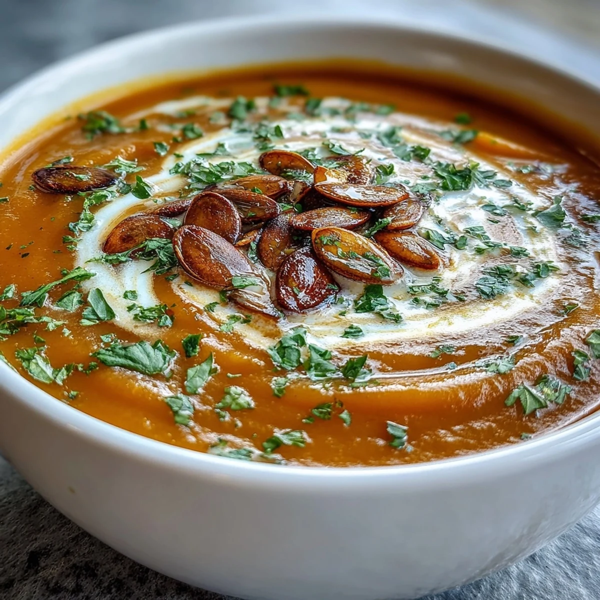 Samtige Butternut-Kürbis-Apfel-Suppe voller Herbstgeschmack, perfekt zum Servieren.
