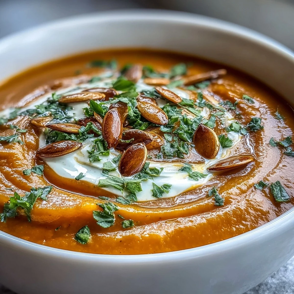 Leckere Butternut-Kürbis-Apfel-Suppe, püriert zu einem seidigen Genuss, mit Kürbiskernen garniert.
