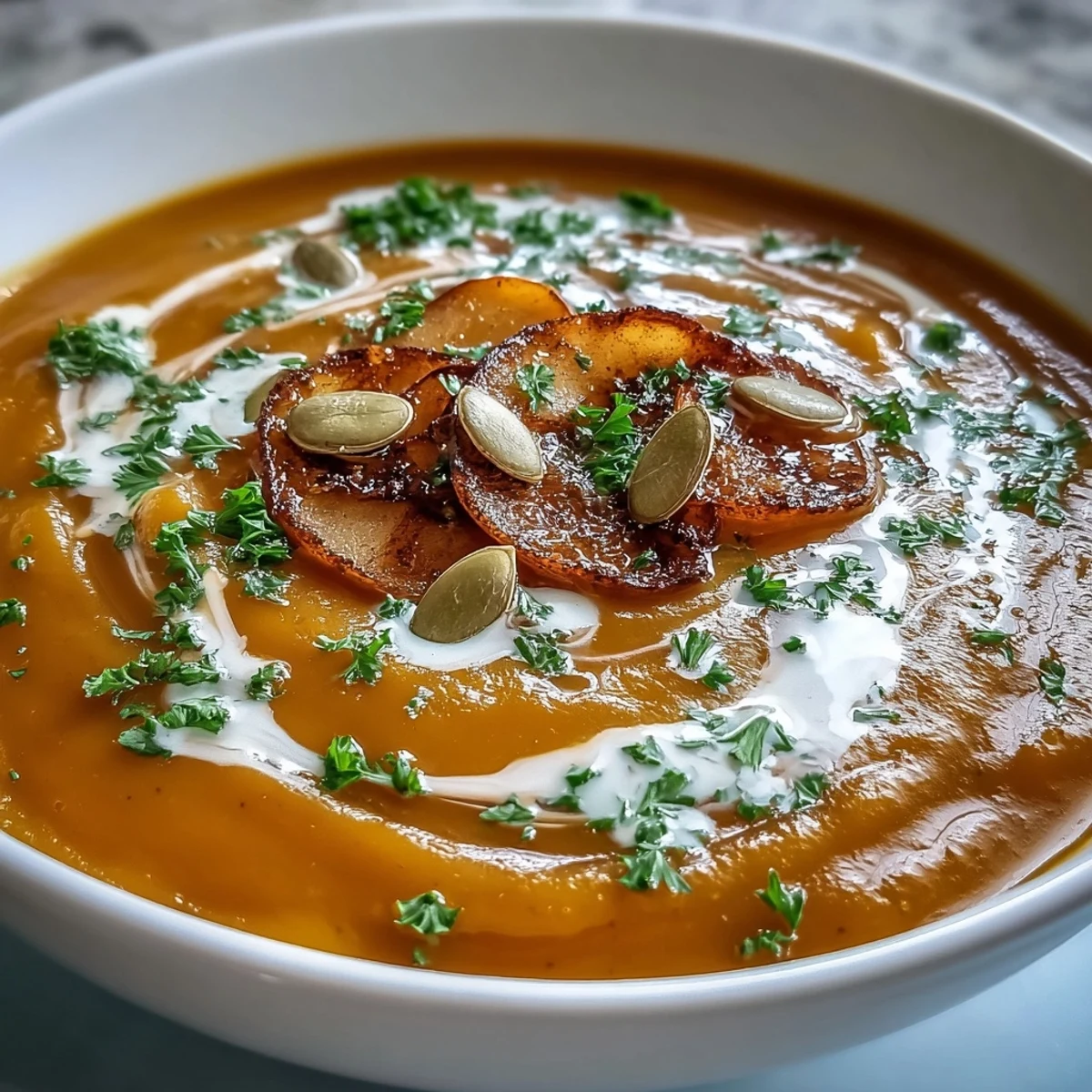 Cremige Butternut-Kürbis-Apfel-Suppe, erwämend und mit Äpfeln verfeinert, ideal für gemütliche Tage.