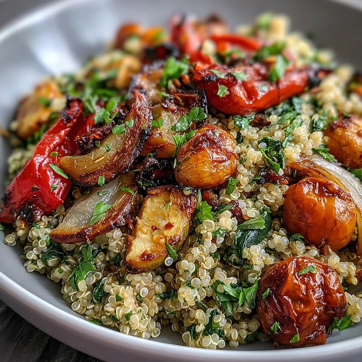 Fluffy Quinoa Vegetable Pilaf with roasted peppers and zucchini, served warm.