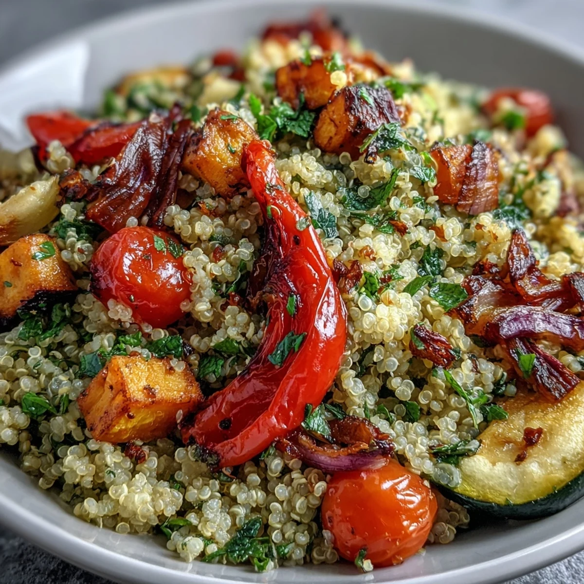 Golden roasted Quinoa Vegetable Pilaf topped with fresh parsley and mint.
