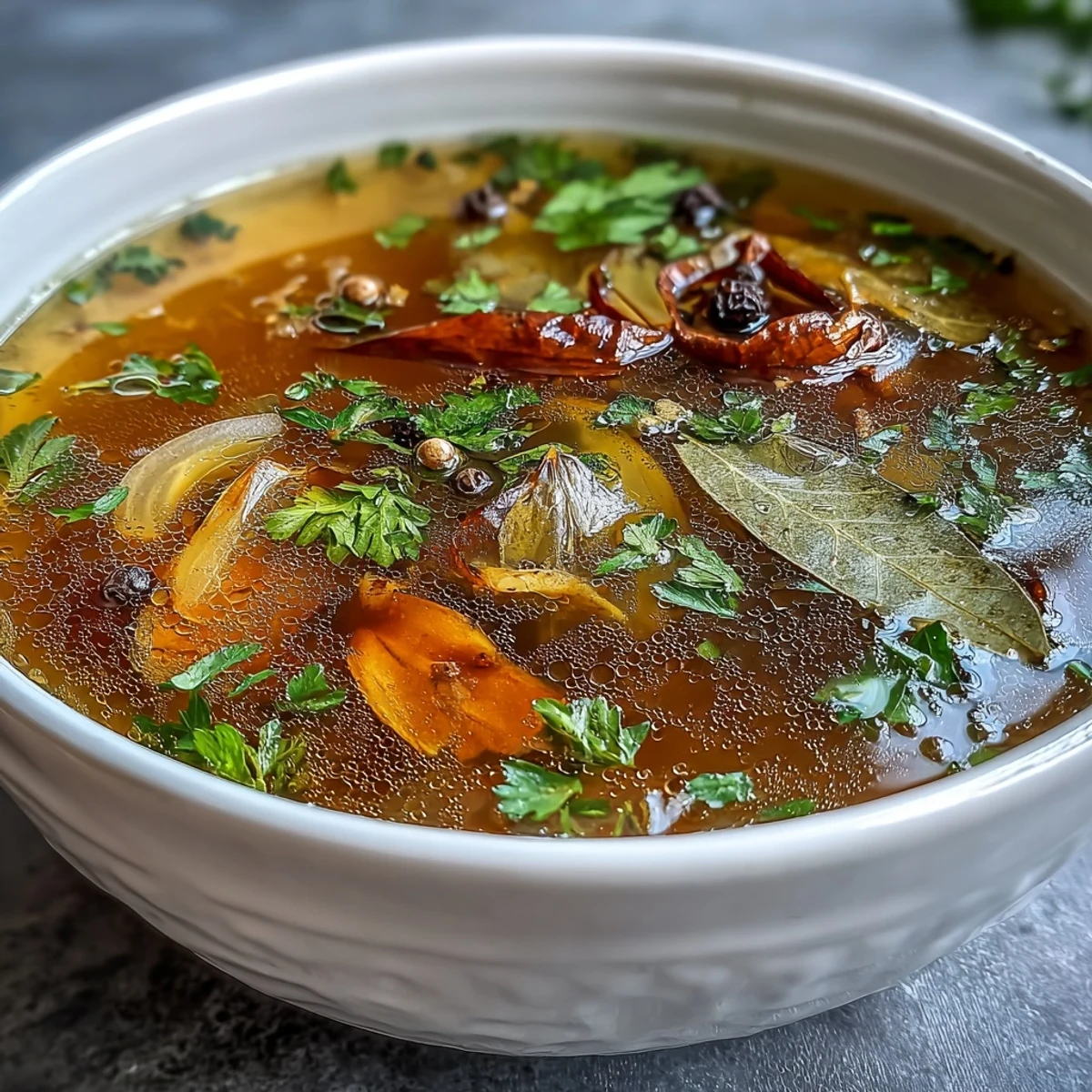 Kräftige Gemüsebrühe aus Schalen und Kräutern, bereit zum Servieren.