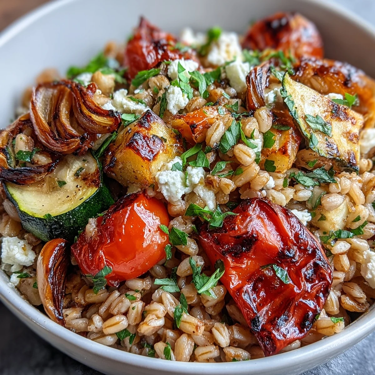 Buntes Farro mit geröstetem Gemüse und einem Hauch von Balsamico, köstlich und nahrhaft.