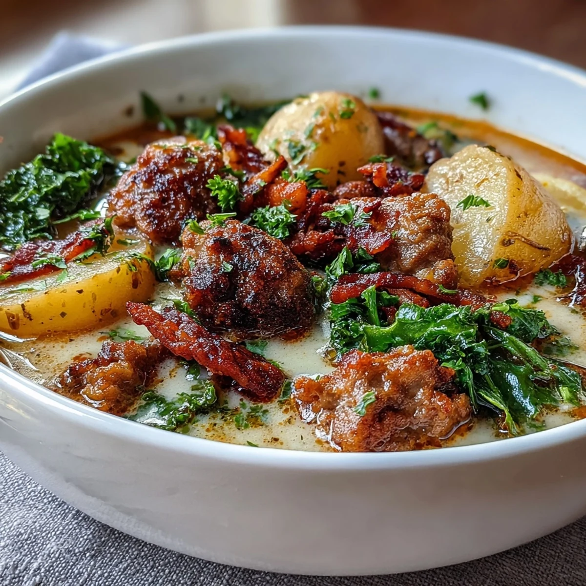 Rich Italian Sausage Soup ladled into a white bowl, steam rising from creamy broth with potatoes and kale.