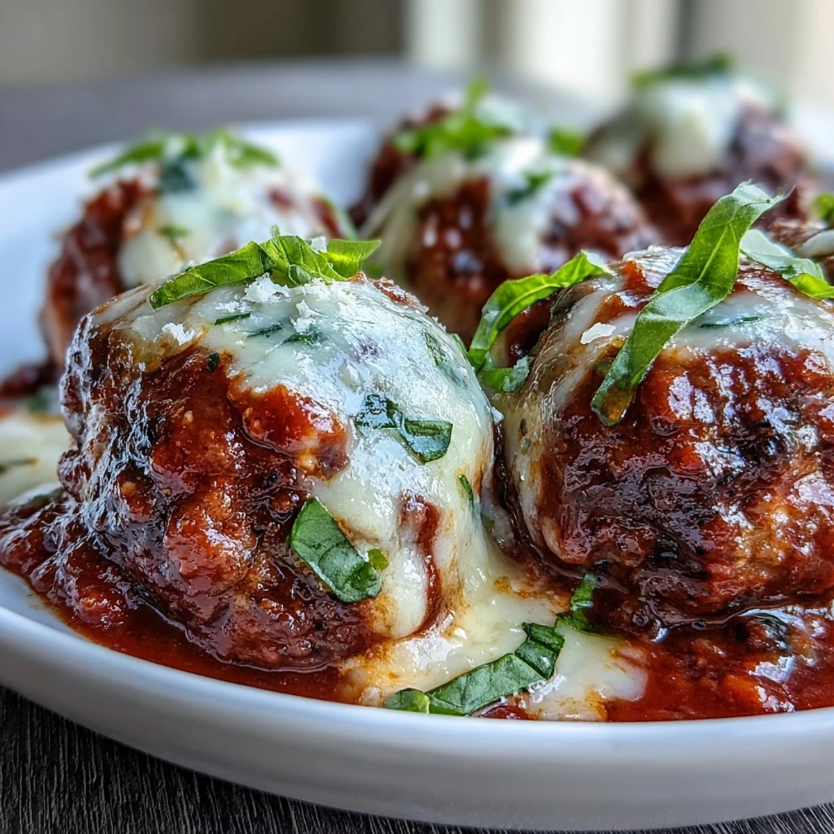 Drei gebackene Cheesy Garlicky Meatballs With Marinara auf Tomatensauce, garniert mit frischer Petersilie und Parmesan.