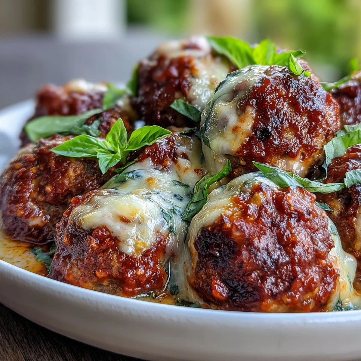 Saftige Cheesy Garlicky Meatballs With Marinara in würziger Tomatensauce, serviert mit glutenfreier Pasta und Basilikum.