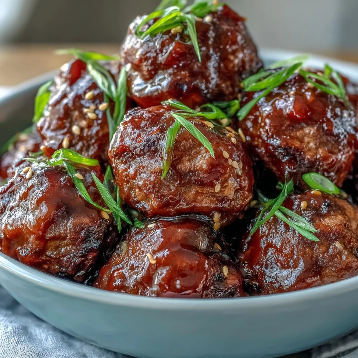 Gekochte Easy Sweet and Sour Crock Pot Meatballs in einer Schüssel, übergossen mit glasierter, fruchtiger Sauce und Sesam.